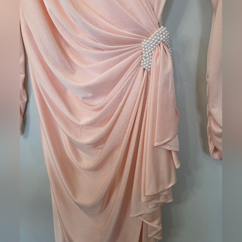 VTG Betsy & Adam Evening Dress Size 6 Pink Draping Wrap Beaded Clasp 80s Glam - Picture 4 of 16